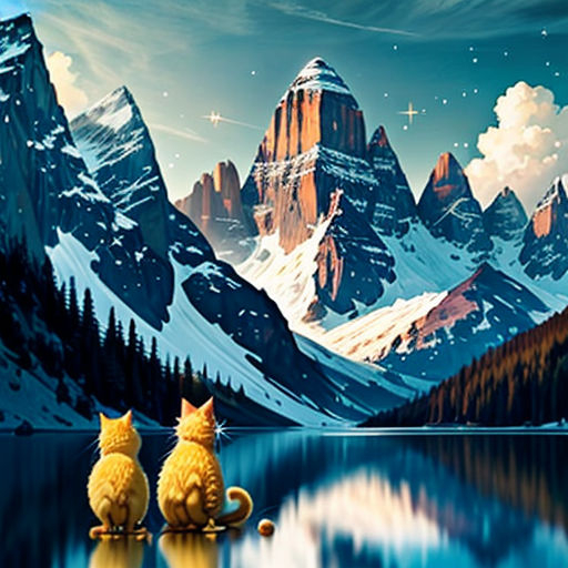 two cats sitting on a lake with mountains in the background and stars in the sky above them, with a reflection of them in the water