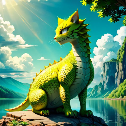 a green dragon sitting on a rock by a lake with mountains in the background and a sun shining down