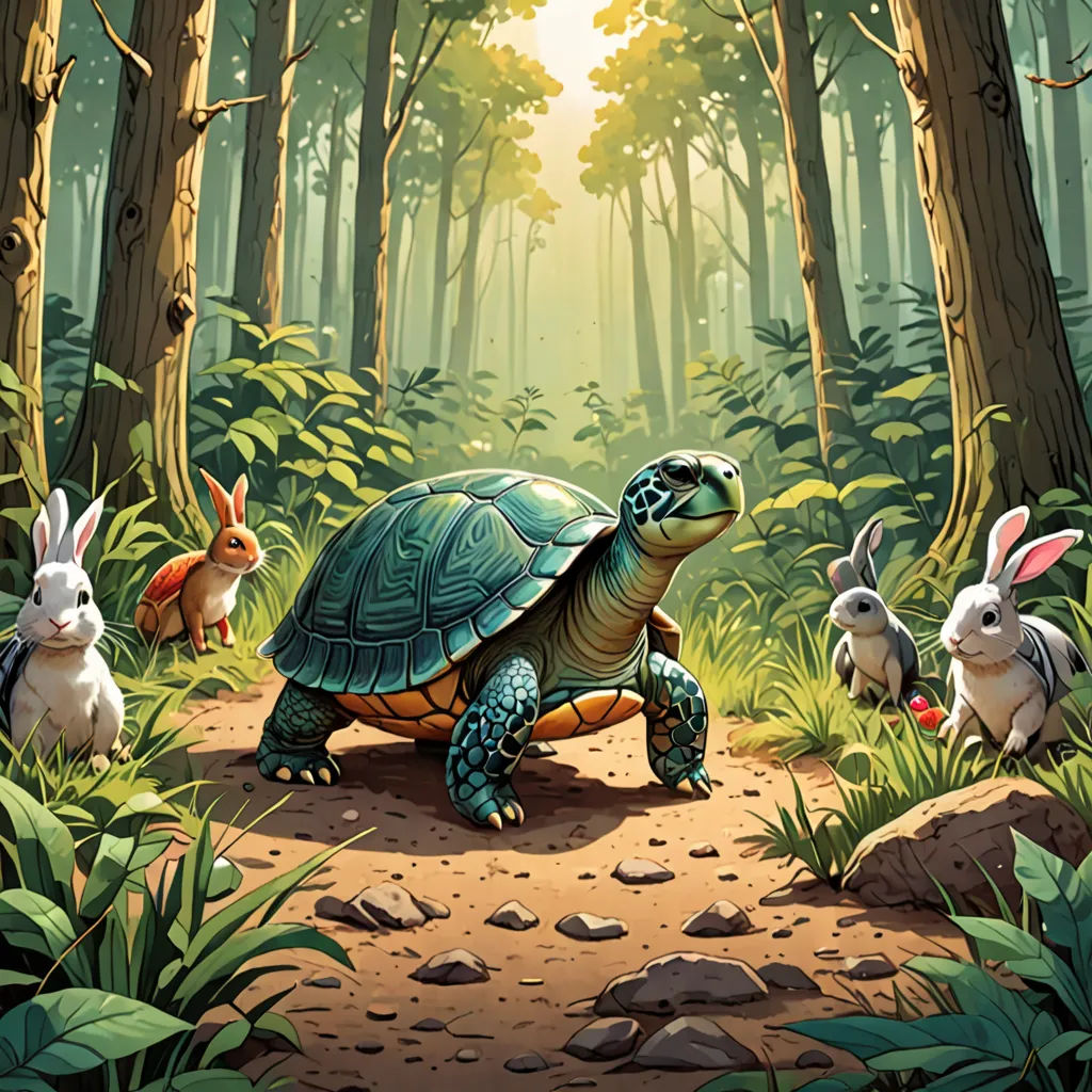 a turtle and rabbits in a forest with trees and grass and rocks and rocks and grass and rocks and trees and rocks and grass and rocks and a sun shining through the trees, fantasy art, a storybook illustration, Chris LaBrooy, storybook illustration