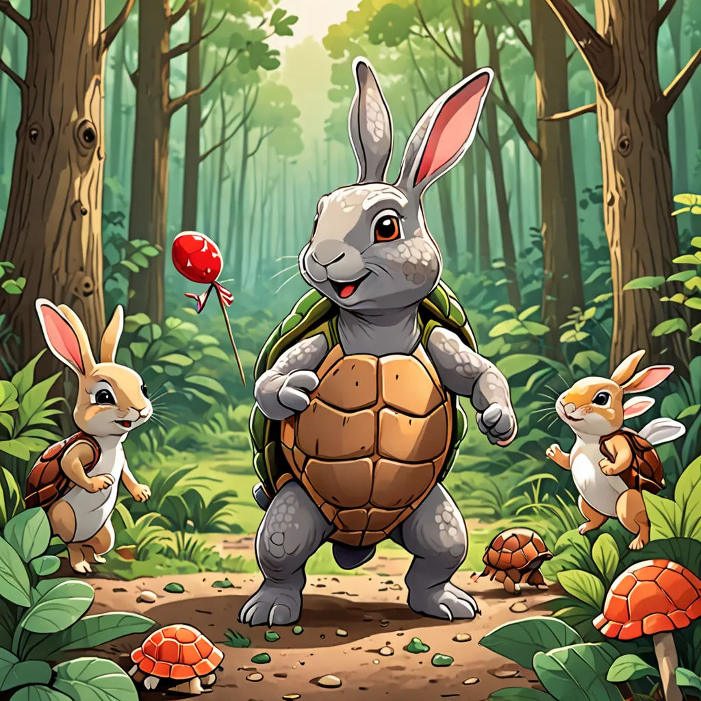a rabbit and two rabbits are in the forest with a turtle and a turtle on a path with mushrooms, sots art, a character portrait, Ding Guanpeng, game art