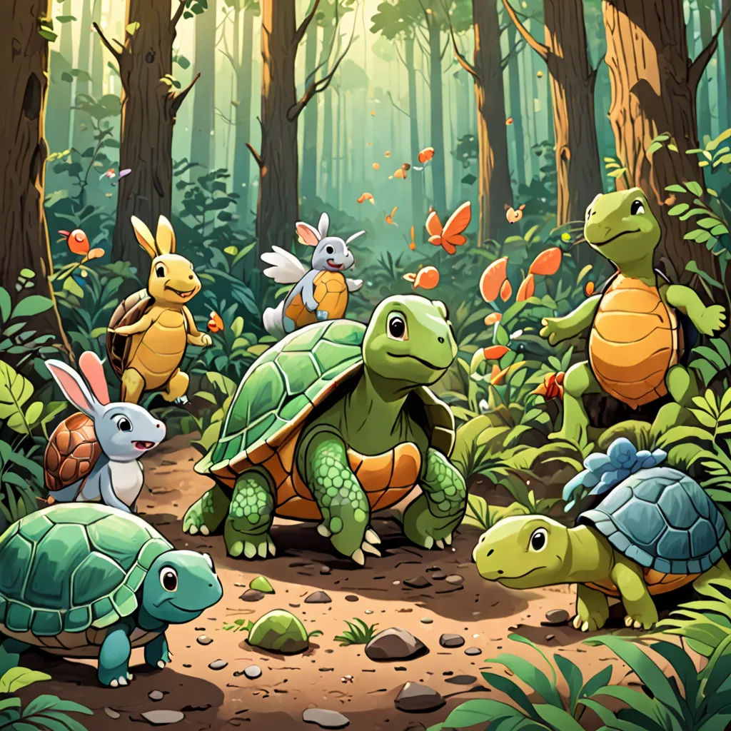 a group of turtles and rabbits in a forest with butterflies and butterflies on the trees and in the background, fantasy art, a storybook illustration, Dan Mumford, game art