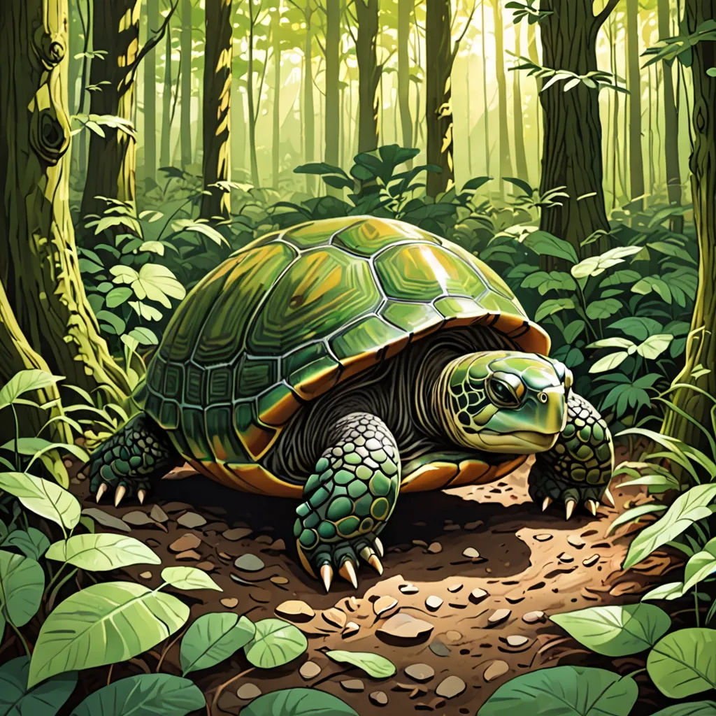 a painting of a turtle in a forest with green leaves on the ground and a forest background with trees and plants, fantasy art, an illustration of, Dan Mumford, golden ratio illustration