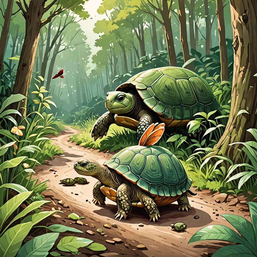 two turtles are crossing a dirt path in the woods, one is carrying a bird on its back and the other is carrying a bird on its back, fantasy art, a storybook illustration, Chris LaBrooy, storybook illustration