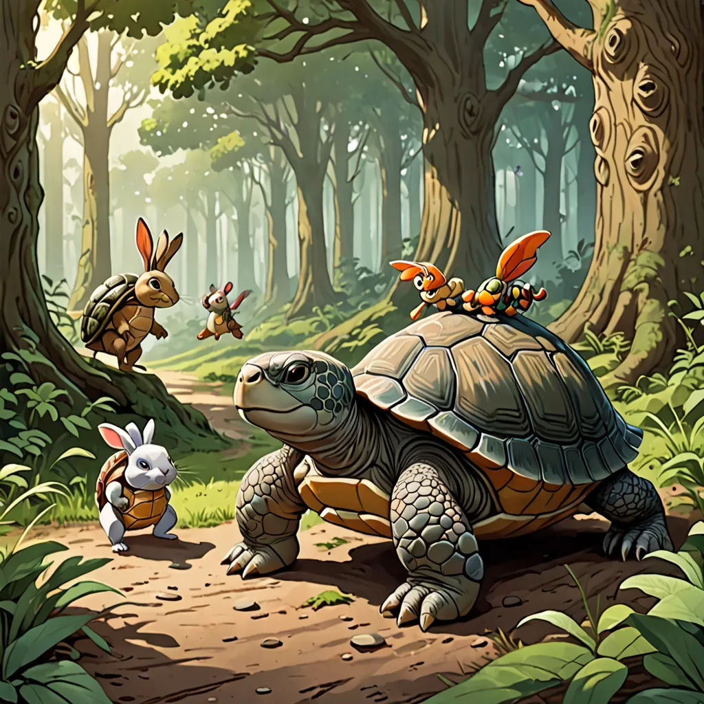 a cartoon turtle and bunny are in the woods with a rabbit on its back and a rabbit on the back of it, fantasy art, a storybook illustration, Chris LaBrooy, magic the gathering artwork