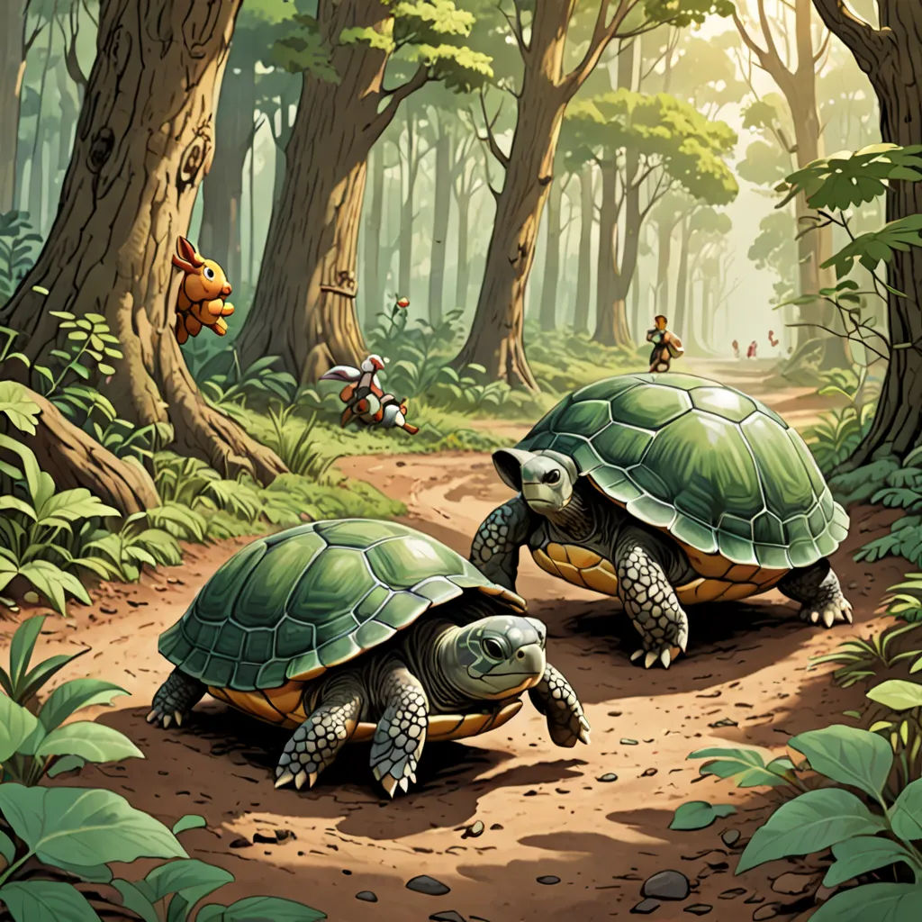 two turtles walking in the woods with a forest background and a forest scene in the background with people on horseback, fantasy art, a storybook illustration, Brothers Hildebrandt, storybook illustration