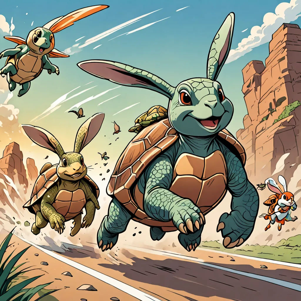 a cartoon of a turtle and a rabbit running in the road with a rabbit chasing them behind them and a rabbit running behind them, furry art, a comic book panel, Cliff Childs, josan gonzales and dan mumford