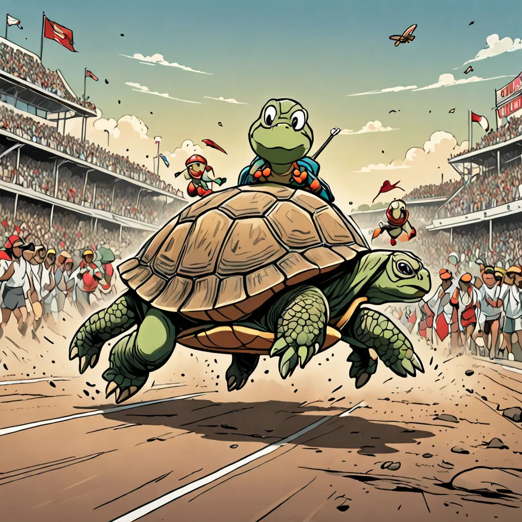 a cartoon turtle is racing on a track with a crowd of people watching it from the stands at a stadium, process art, a storybook illustration, Brian Despain, josan gonzales and dan mumford