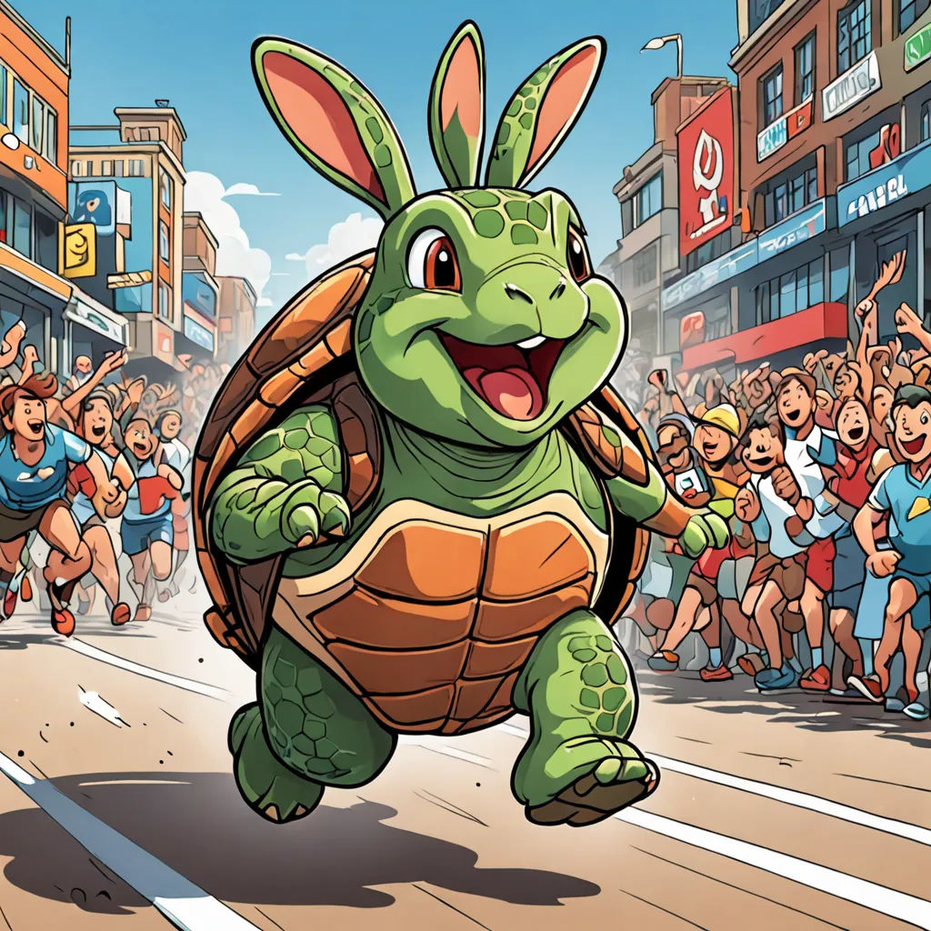 a cartoon of a turtle running in a race with a crowd of people behind him and a cartoon of a rabbit running behind it, furry art, a comic book panel, Clovis Trouille, josan gonzales and dan mumford