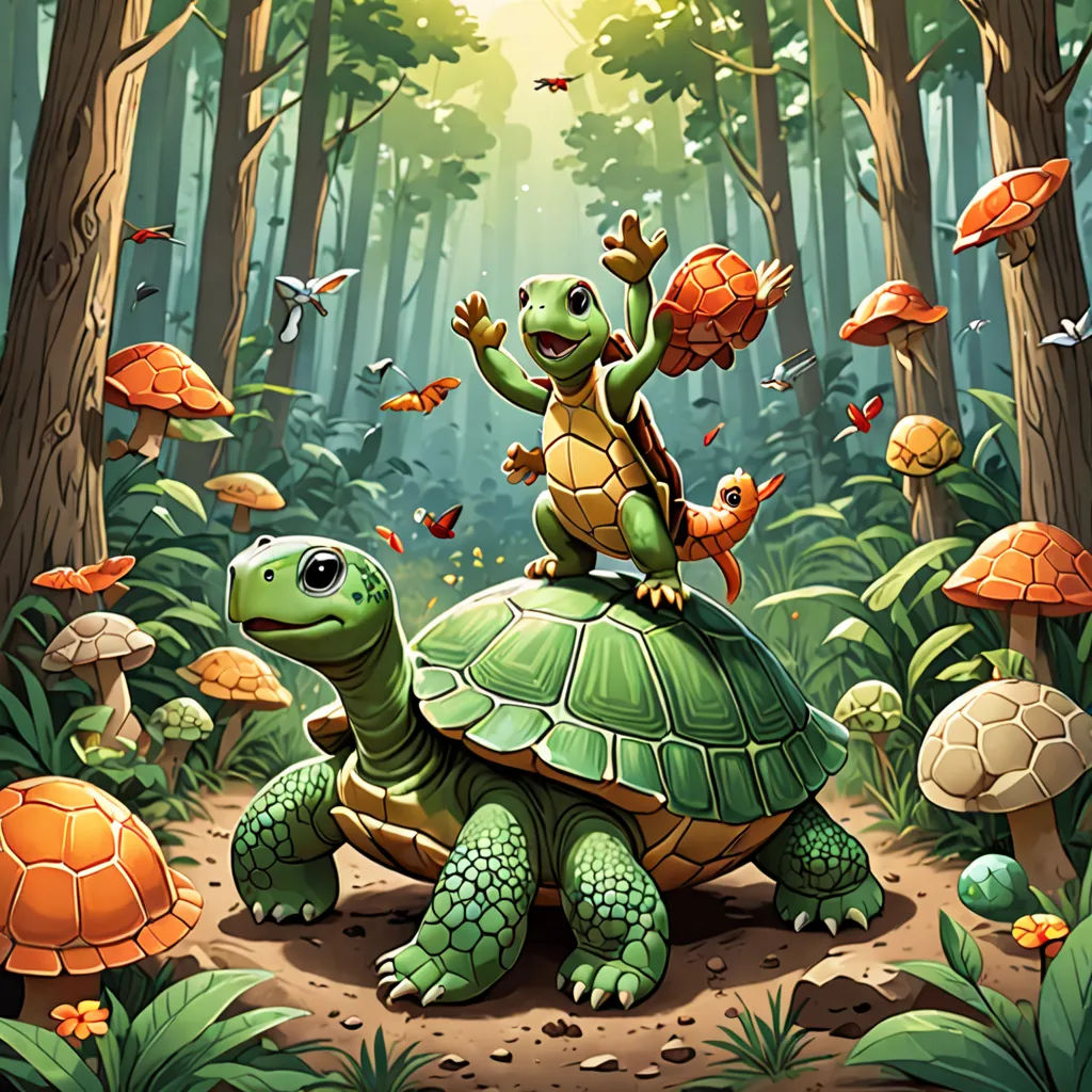 a painting of a turtle and a turtle on a turtle in a forest with mushrooms and butterflies flying around, fantasy art, a storybook illustration, Chris LaBrooy, official art