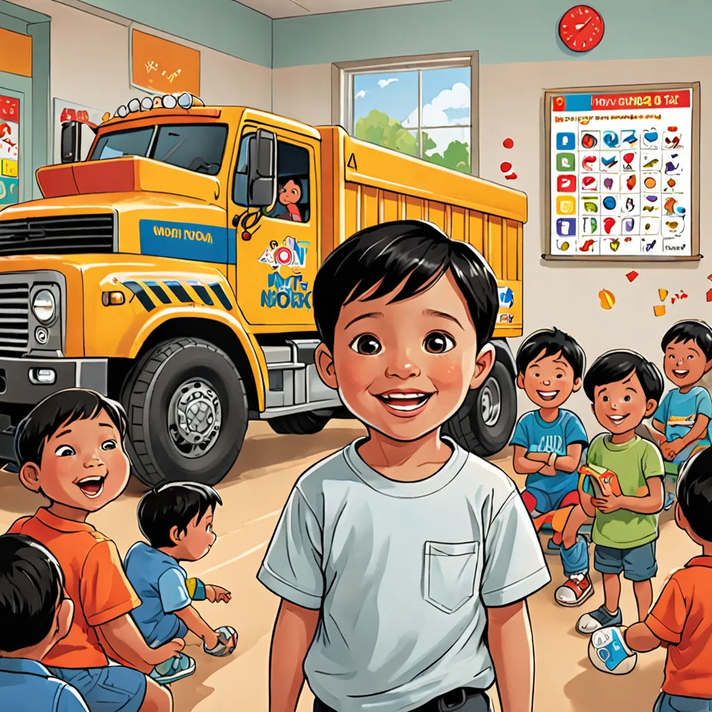 a cartoon of a boy standing in front of a group of children in a classroom with a yellow truck, lyco art, a storybook illustration, Abidin Dino, detailed illustration