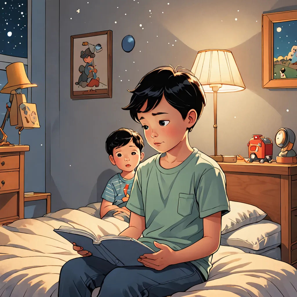 a boy and a boy reading a book in bed at night time with a teddy bear on the bed, art & language, a storybook illustration, Arthur Pan, rossdraws global illumination
