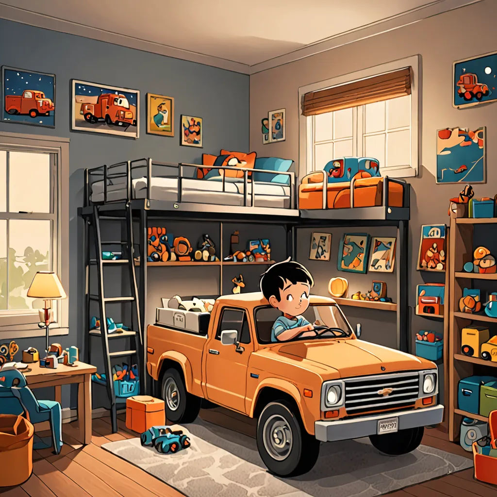 a boy is driving a truck in a bedroom with a bunk bed and a ladder to the ceiling and a ladder to the bed, american scene painting, a storybook illustration, Cliff Childs, dan mumford. octane render