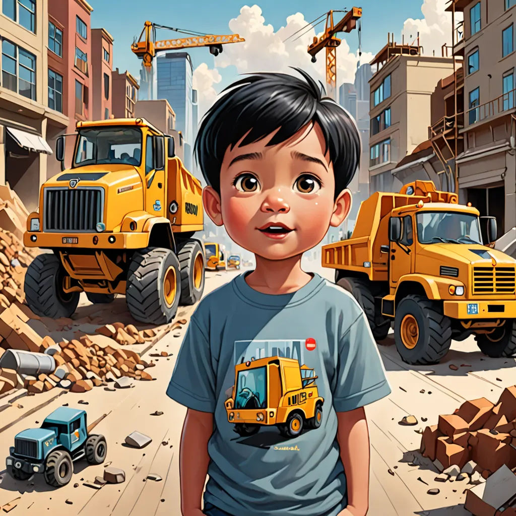 a boy standing in front of a dump truck and a construction site with a dump truck in the background, concrete art, a storybook illustration, Chris LaBrooy, highly detailed digital painting