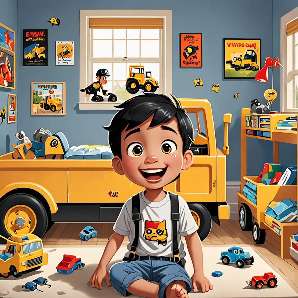 a boy sitting on the floor in a room with toys and a truck in the background, and a yellow truck in the foreground, lyco art, a storybook illustration, Diego Gisbert Llorens, storybook illustration