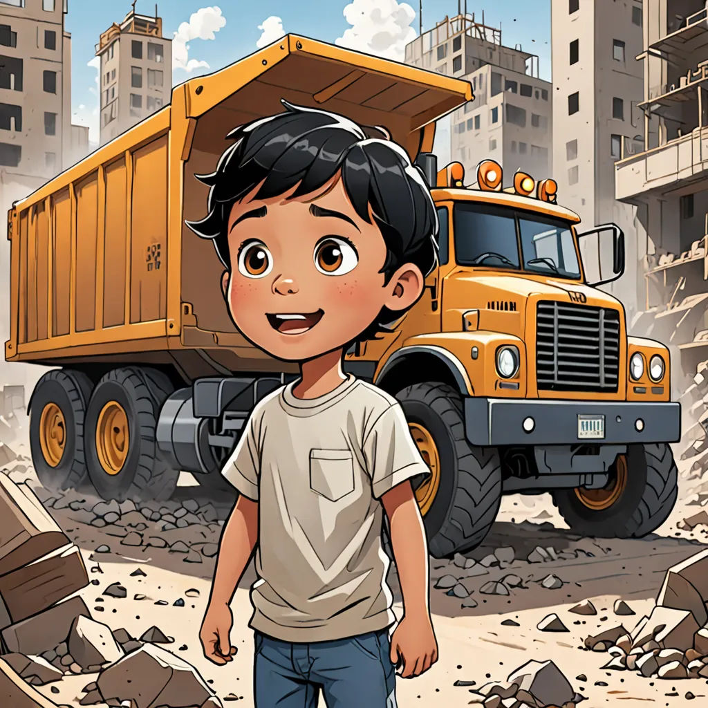 a boy standing in front of a dump truck in a city with rubble and buildings in the background,, serial art, a storybook illustration, Asaf Hanuka, official art