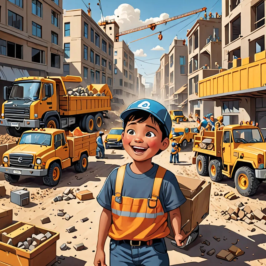 a cartoon of a boy in a construction zone with construction trucks and construction workers in the background, with a construction worker in the foreground, lyco art, a storybook illustration, Diego Gisbert Llorens, public works mural