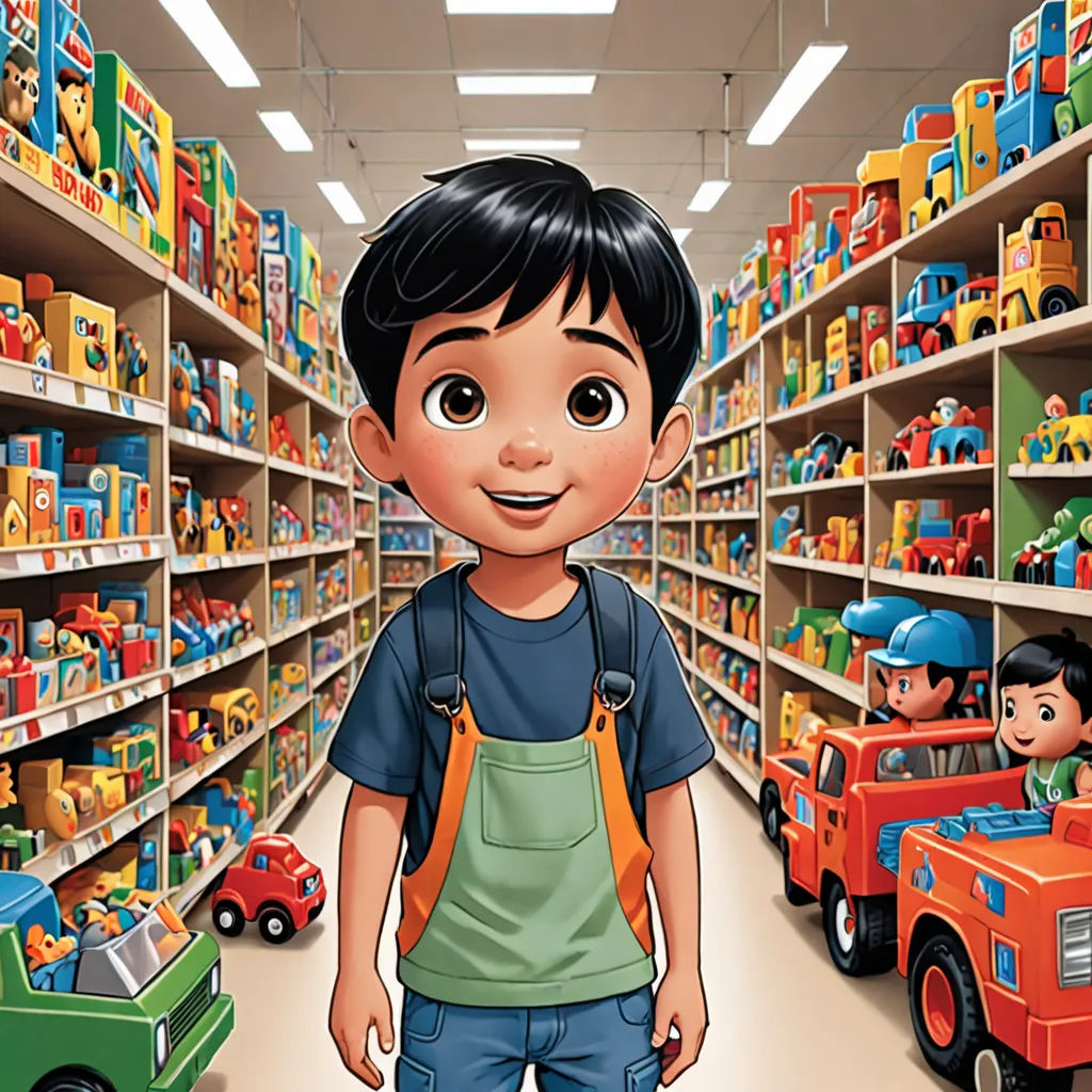 a cartoon boy standing in a toy store aisle with toys on shelves behind him and a truck in the aisle, lyco art, a storybook illustration, Diego Gisbert Llorens, promotional image