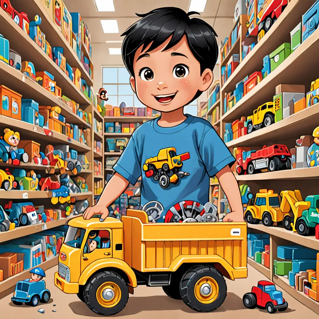 a boy is holding a toy truck in a toy store filled with toys and other toys on shelves and shelves, lyco art, a storybook illustration, Diego Gisbert Llorens, toy