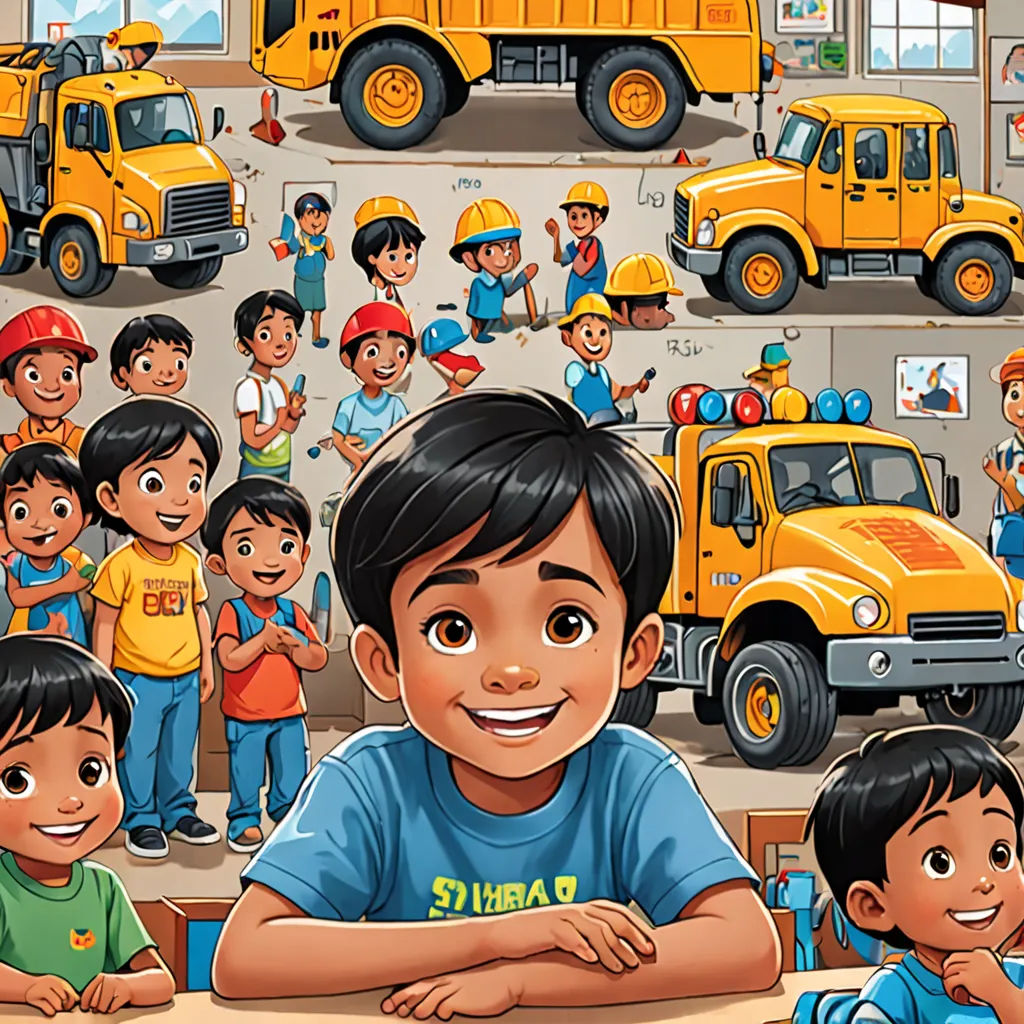 a boy is smiling in front of a group of children in a school with a yellow truck in the background, lyco art, a storybook illustration, Abidin Dino, detailed illustration