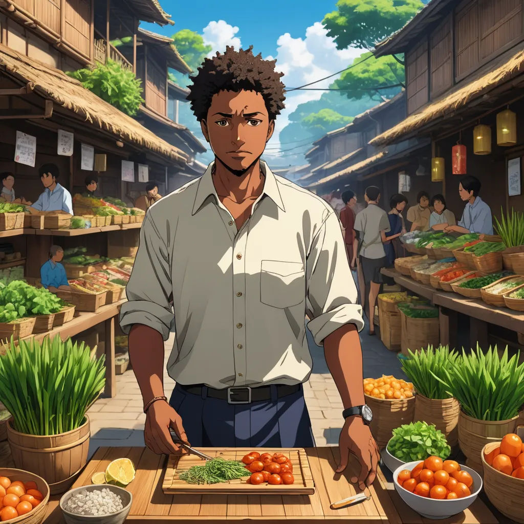 a man standing in front of a table filled with vegetables and fruit in a market area with people walking around, afrofuturism, concept art, Cedric Seaut (Keos Masons), official art