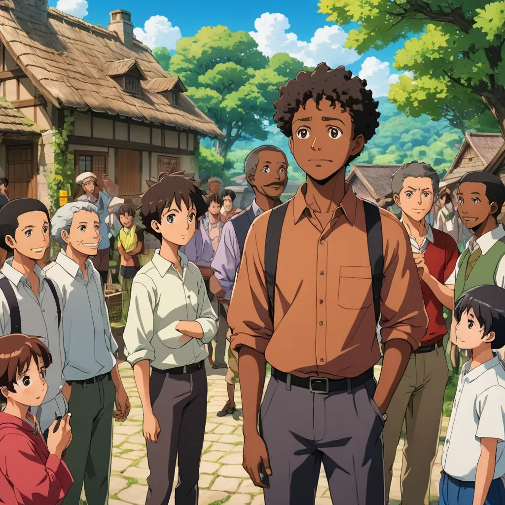 a man standing in front of a crowd of people in a village with a tree in the background and a man in a brown shirt, fantastic realism, a poster, Cedric Seaut (Keos Masons), official art