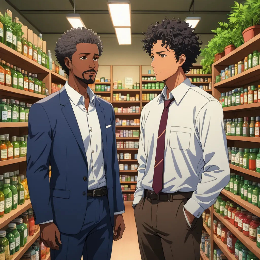 two men standing in a store with shelves full of bottles of food and plants in the background, one of them is wearing a suit and the other is wearing a tie, afrofuturism, a stock photo, Altichiero, official art