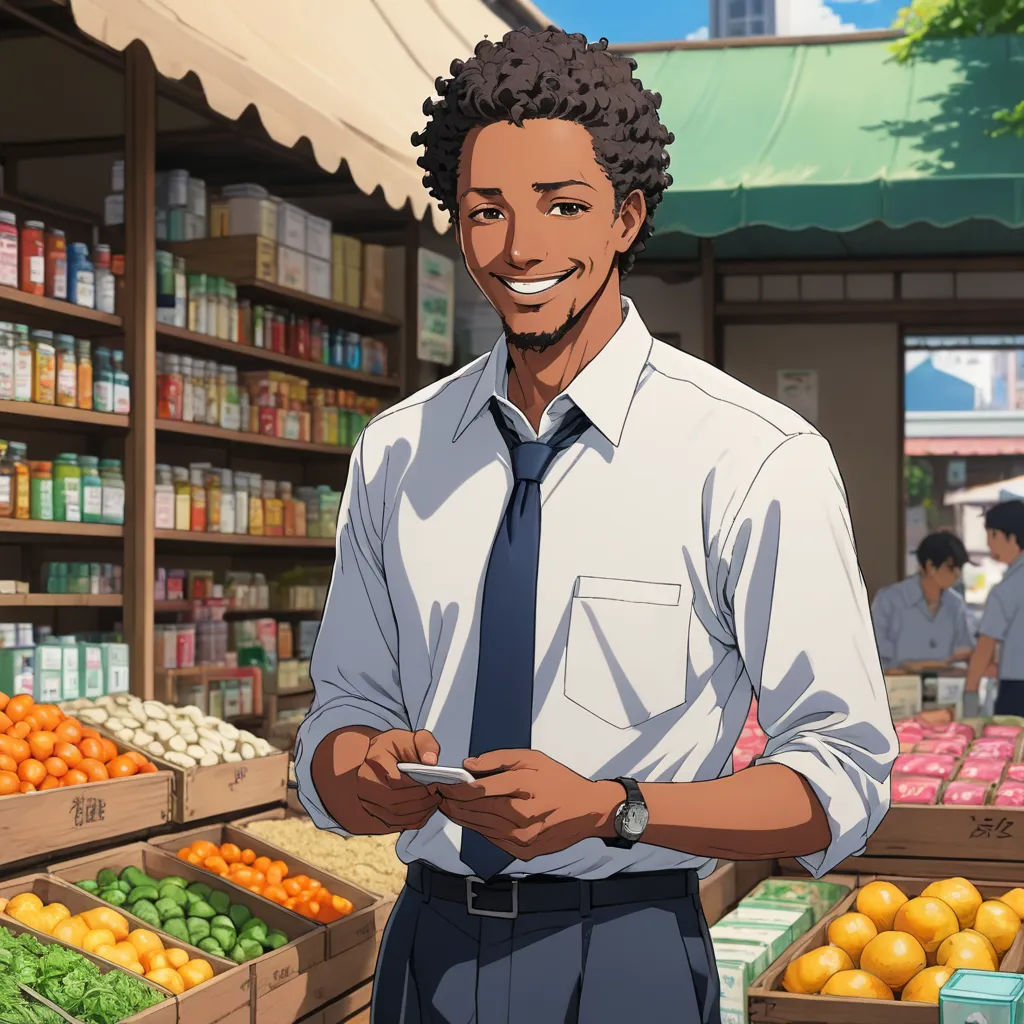a man standing in front of a fruit stand holding a cell phone in his hand and smiling at the camera, rayonism, a character portrait, Adam Manyoki, official art