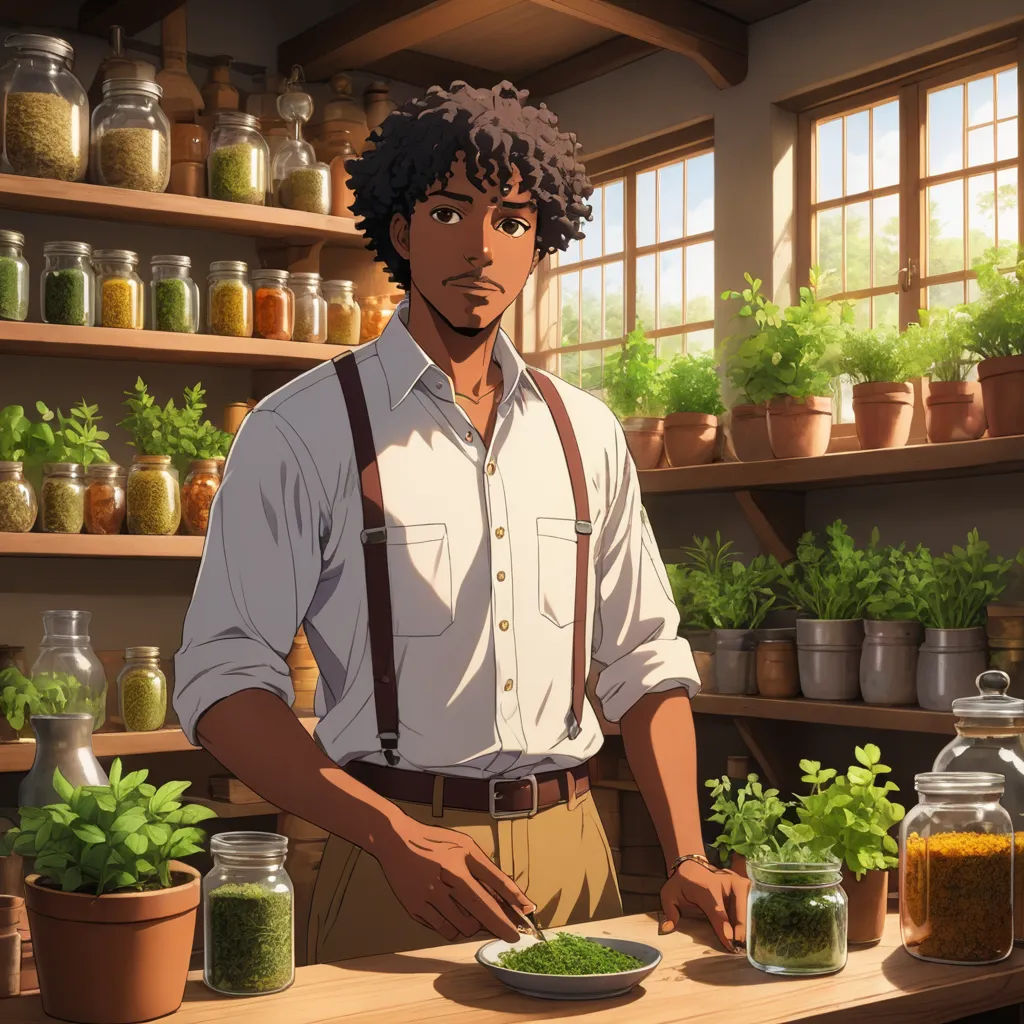 a man standing in front of a table with a plate of food on it and a potted plant behind him, afrofuturism, concept art, Cedric Seaut (Keos Masons), official art
