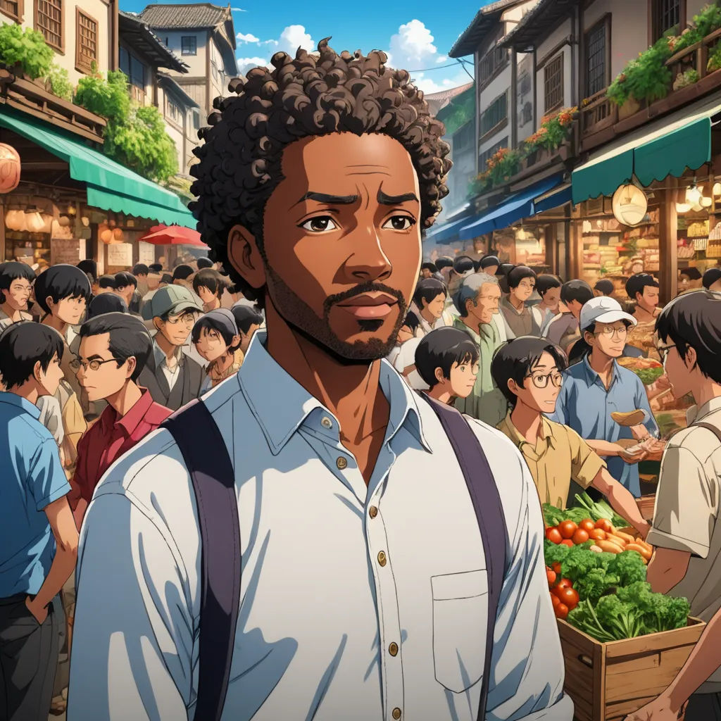 a man standing in front of a crowd of people in a market area with a box of vegetables in front of him, american realism, a character portrait, Adam Manyoki, official art