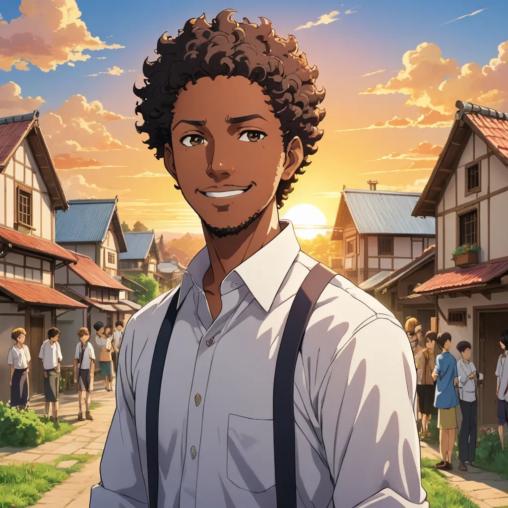 a man with a camera in front of a sunset in a village with people walking around and a building with a clock on it, harlem renaissance, a character portrait, Cedric Seaut (Keos Masons), official art