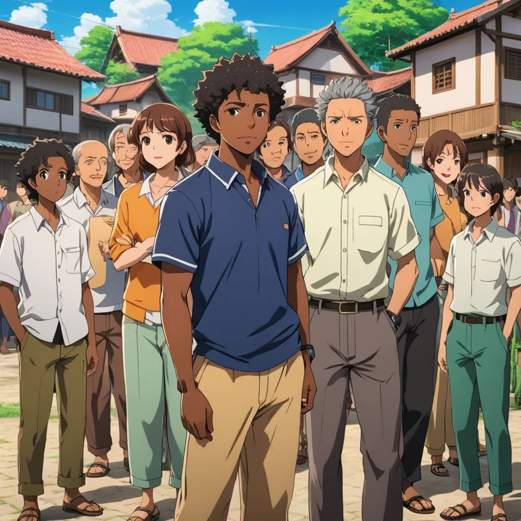a group of people standing in front of a building with a man in a blue shirt and tan pants, rayonism, concept art, Eizan Kikukawa, official art