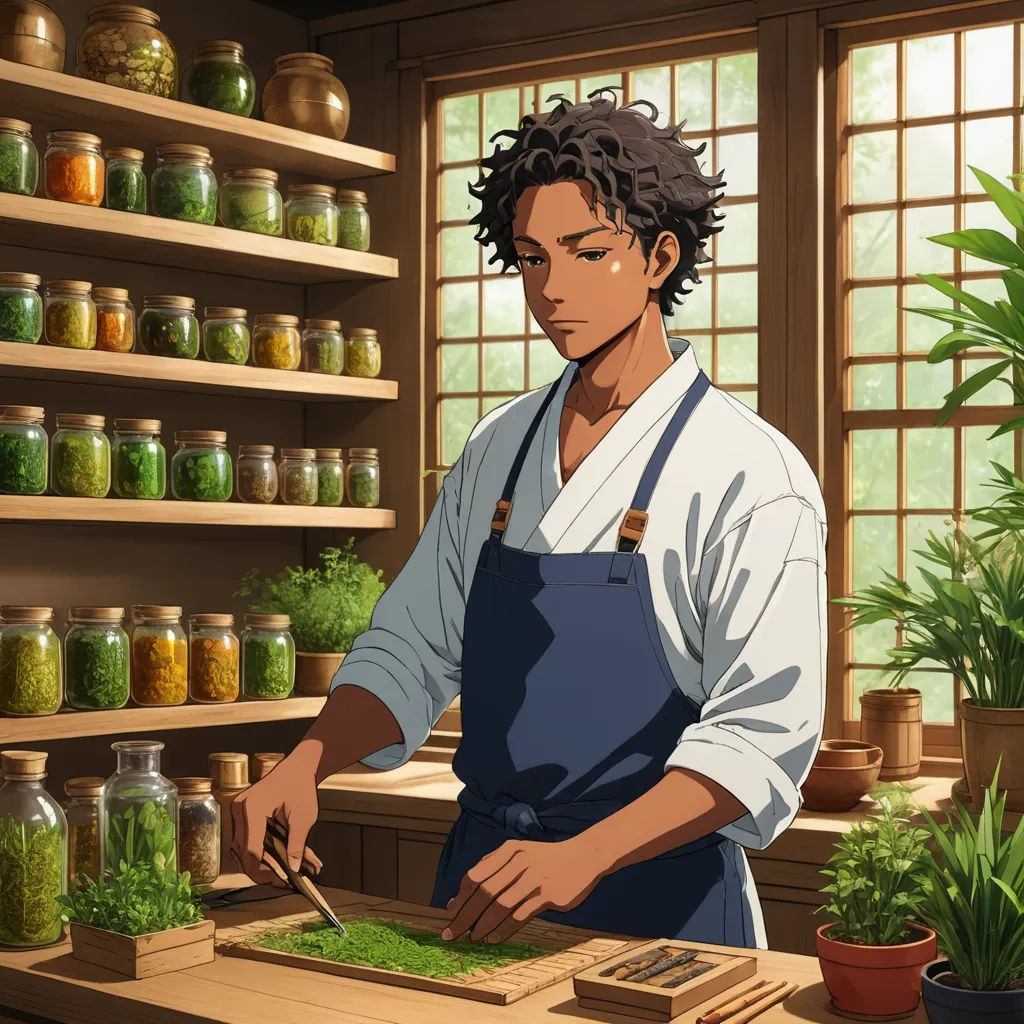 a man in an apron is cutting up food in a kitchen with jars of spices behind him and a potted plant in the corner, remodernism, a stock photo, Anne Said, official art