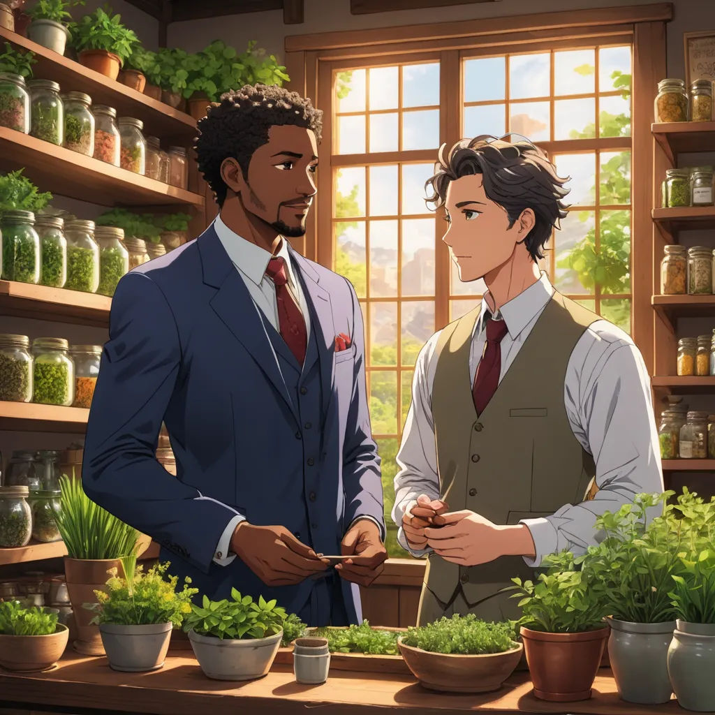 two men in suits standing in front of a window with plants in pots on the shelves behind them and a window behind them, harlem renaissance, a storybook illustration, Everett Warner, official art