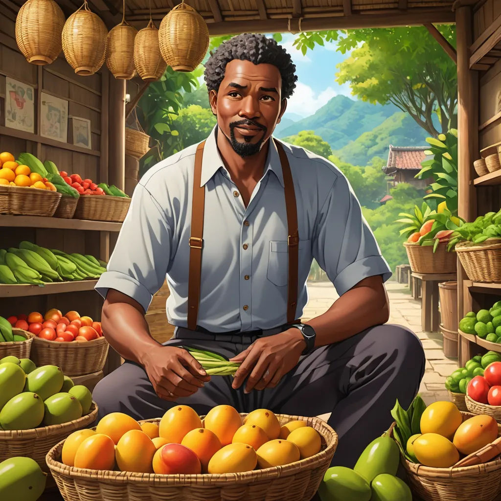 a man sitting in front of a display of fruit and vegetables in baskets and baskets of fruit in front of him, harlem renaissance, a character portrait, Allan Brooks, official art