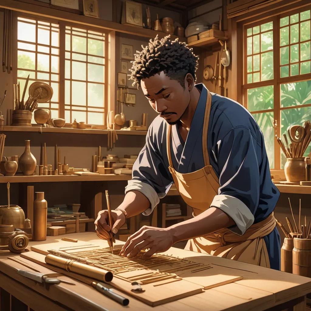 a man in an apron working on a piece of wood on a table with a wooden board on it, fantasy art, computer graphics, Altichiero, highly detailed digital painting