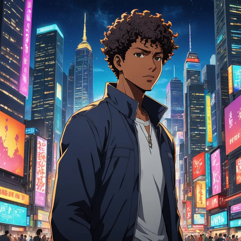 a man standing in front of a city at night with neon lights on the buildings and a neon sky, afrofuturism, a character portrait, Cedric Seaut (Keos Masons), official art