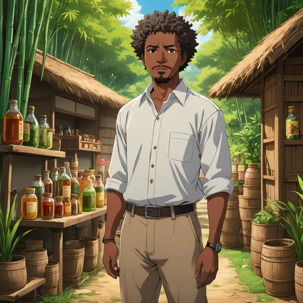 a man standing in front of a shelf of bottles and jars in a jungle setting with bamboo trees and bamboos, afrofuturism, a character portrait, Cedric Seaut (Keos Masons), official art