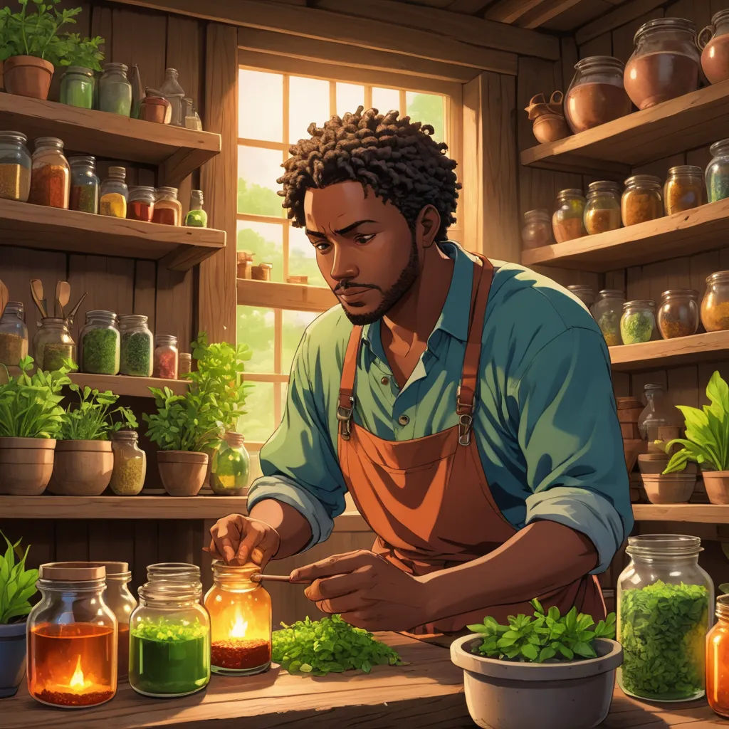 a man in an apron is working in a garden shop with jars of plants and jars of honey on shelves, magical realism, a character portrait, Cedric Seaut (Keos Masons), game art