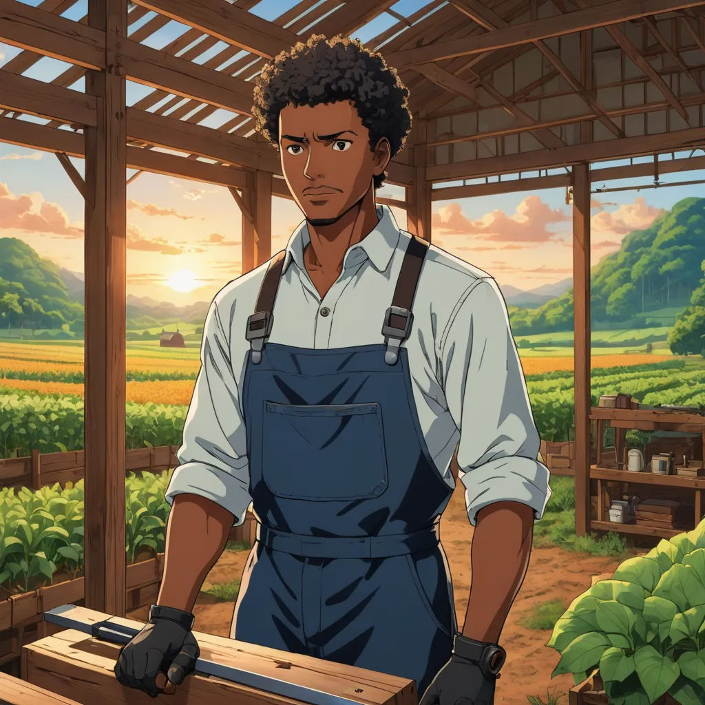 a man in overalls holding a piece of wood in a farm setting with a sunset in the background, rayonism, a character portrait, Cedric Seaut (Keos Masons), official art