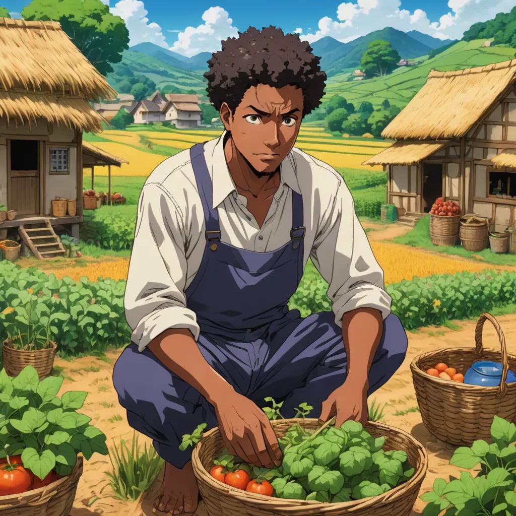a man kneeling down in a field with a basket of vegetables in front of him and a farm in the background, afrofuturism, concept art, Cedric Seaut (Keos Masons), official art