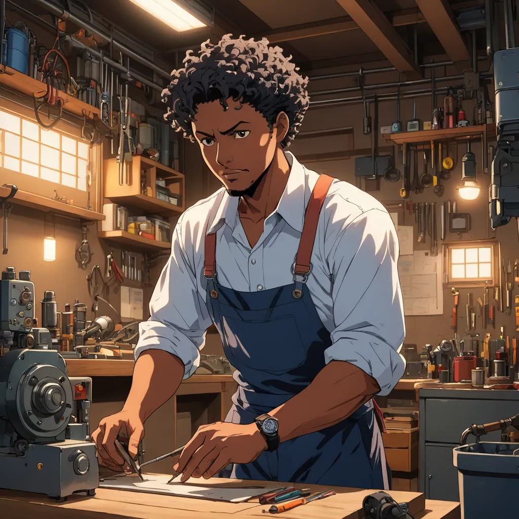 a man in a workshop working on a piece of wood with a machine in the background and a light on, rayonism, computer graphics, Adam Manyoki, official art