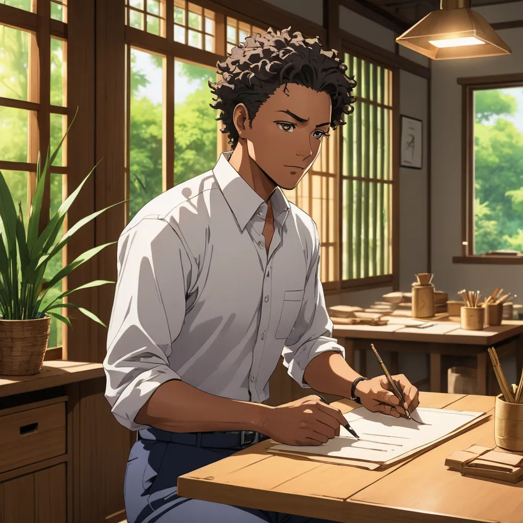 a man sitting at a table writing on a piece of paper with a pen in his hand and a pot of plants in the background, remodernism, a character portrait, Edmond Xavier Kapp, official art