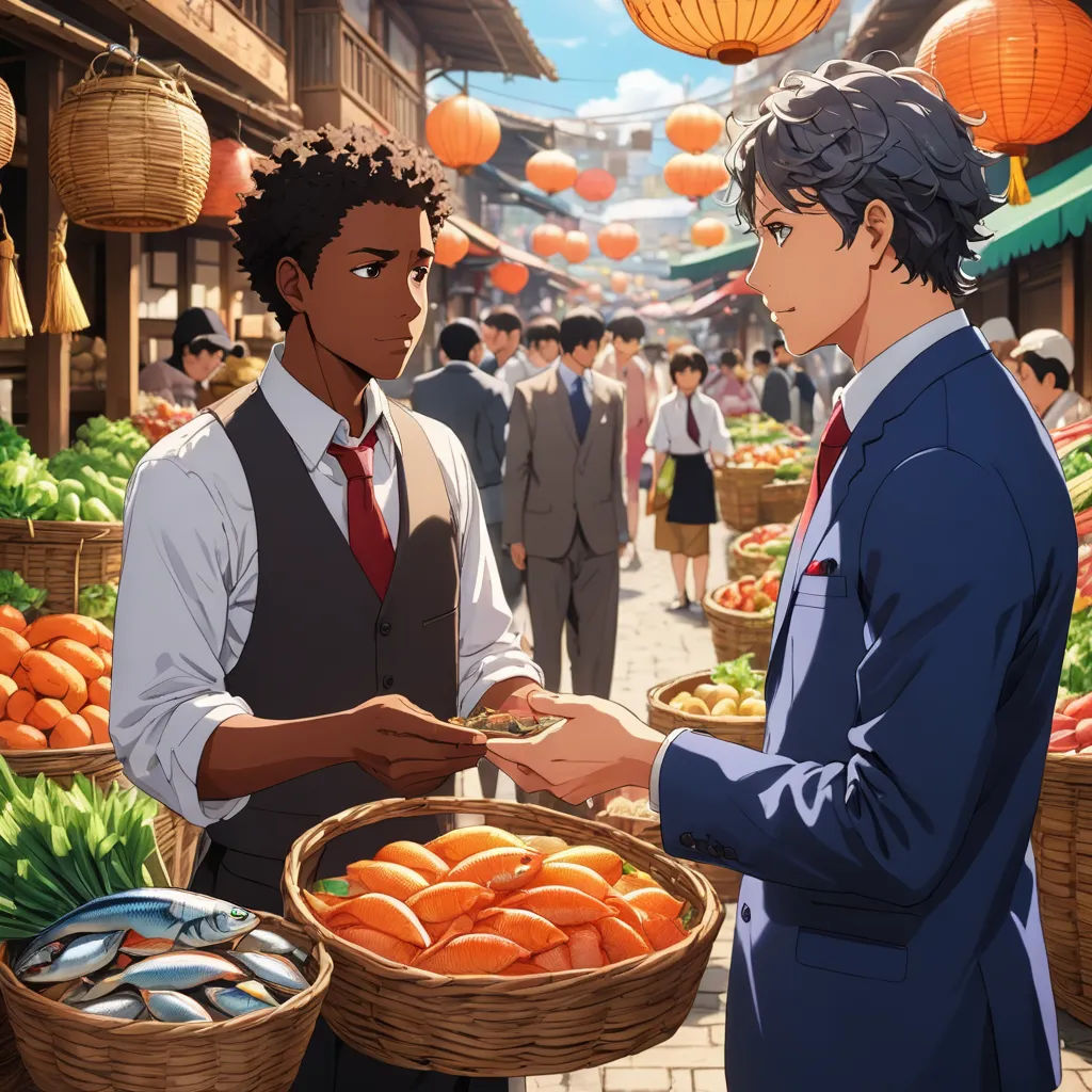 a man in a suit and tie standing in front of a market with a basket of fruit in front of him, harlem renaissance, concept art, Everett Warner, official art