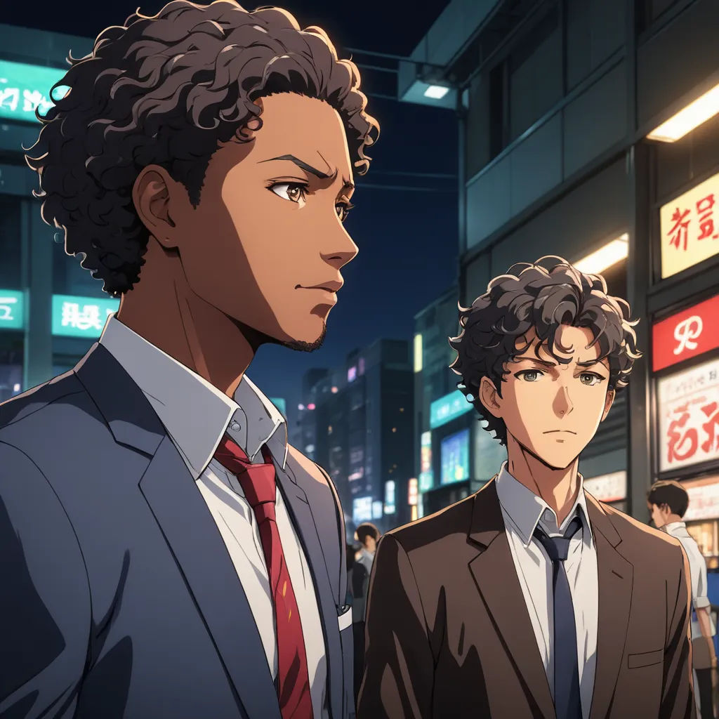 two men in suits standing in front of a building at night with a city in the background and a neon sign, serial art, a screenshot, Cedric Seaut (Keos Masons), official art