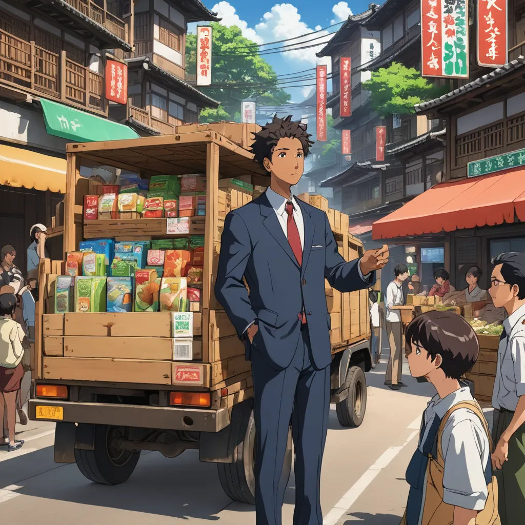 a man in a suit standing in front of a truck with a box of food on it's back, magical realism, concept art, Adam Manyoki, official art