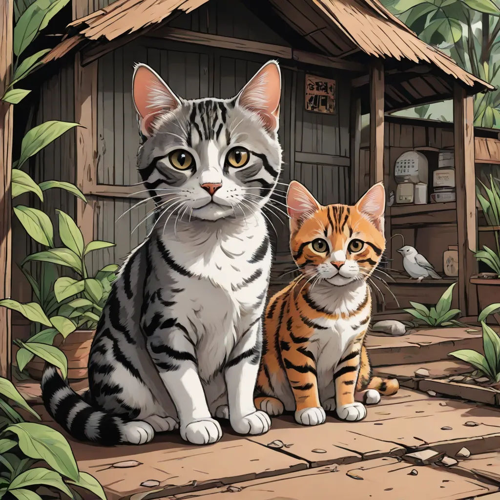 a cat and a kitten sitting next to each other in front of a hut with a bird on it, Dan Mumford, sots art, a storybook illustration, official art