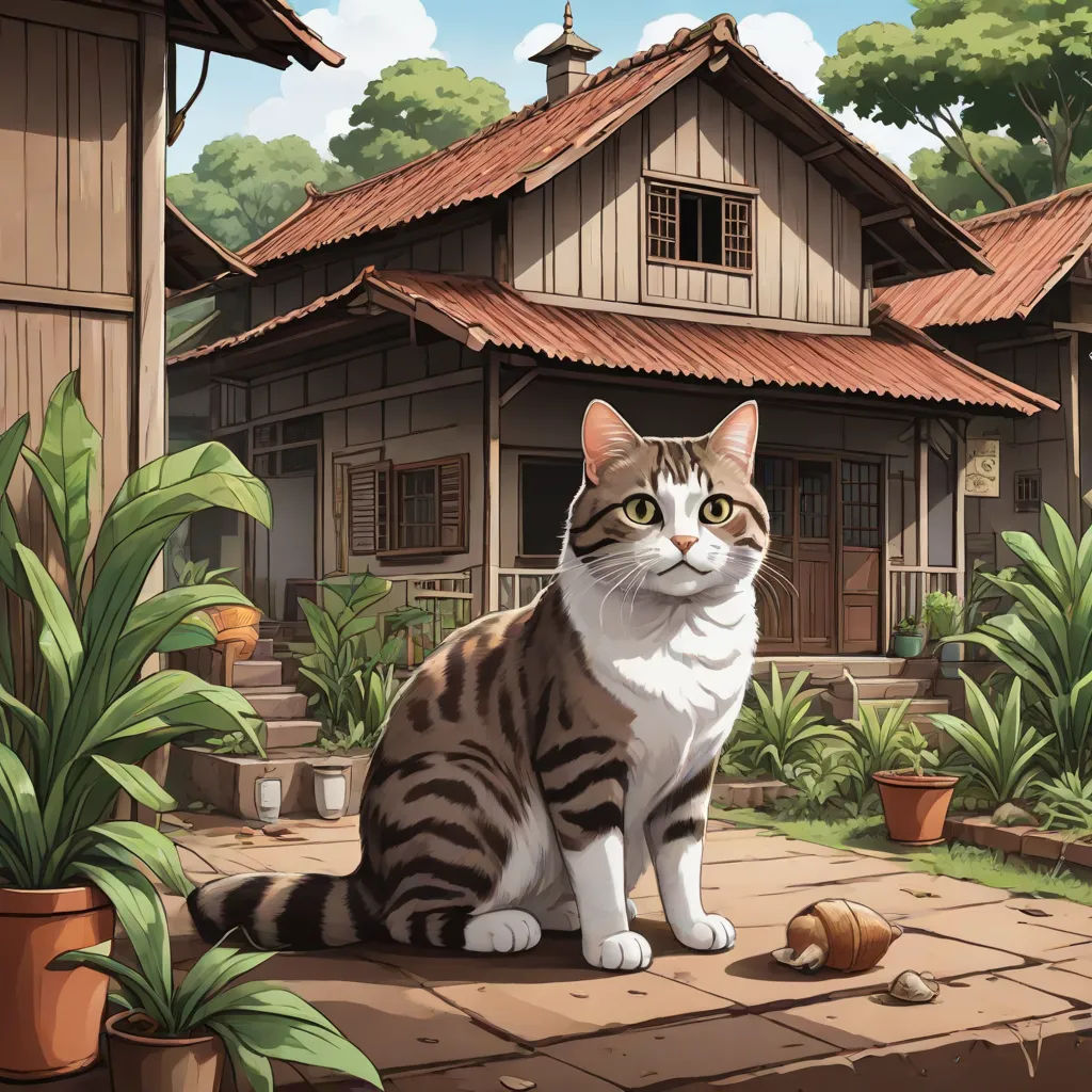 a cat sitting on a patio in front of a house with a snail on the ground next to it, Chris LaBrooy, sots art, a storybook illustration, official art