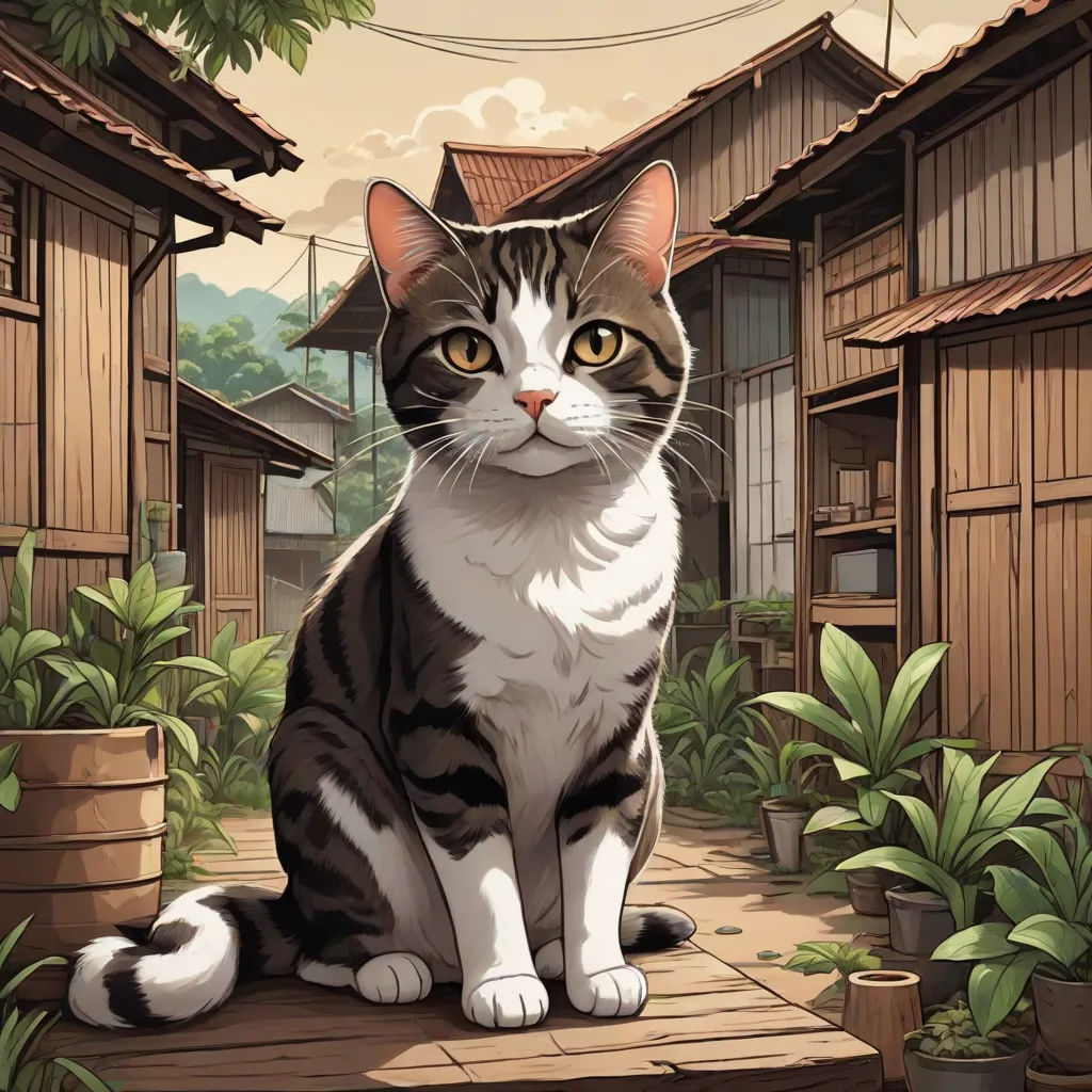 a cat sitting on a wooden platform in front of a house with a garden and a sky background with clouds, Dan Mumford, photorealism, a storybook illustration, official art