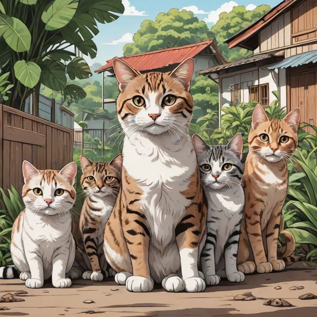 a group of cats sitting next to each other on a sidewalk near a house and trees with a red roof, Brothers Hildebrandt, furry art, an album cover, official art