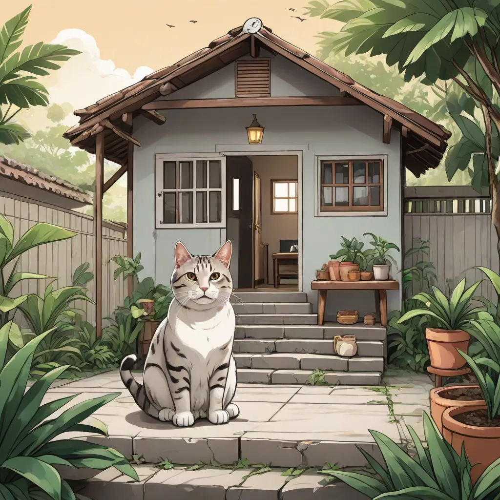 a cat sitting outside of a small house next to a tree and plants in front of it and a bird flying over the house, Atey Ghailan, sots art, a storybook illustration, official art